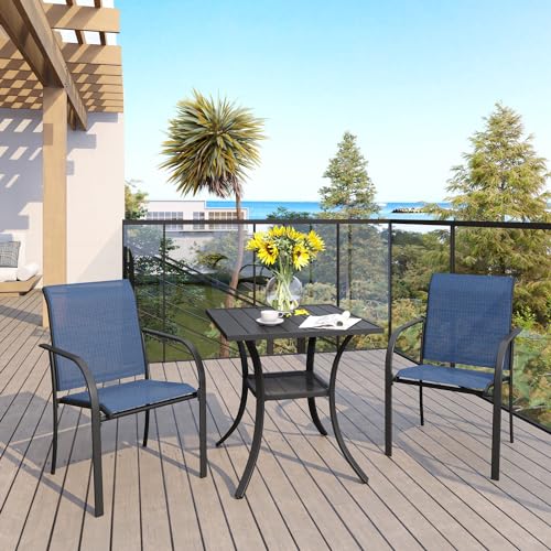 VICLLAX Patio Dining Set for 2, Outdoor Furniture Set Includes Small Table and 2 Stackable Sling Chairs, Bistro Set for Outside, Black Table and Blue Chairs - color: Black Table/Blue Chairs, size: Table-28"x 28"