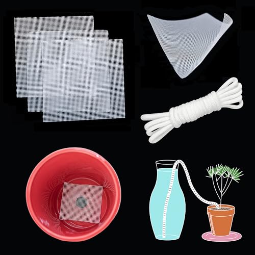 50 Pcs Plant Pot Bottom Hole 4" Mesh Pad, Keep Soil from Falling Out Drainage Hole, Square Potted Bonsai Succulent Flower Planter Grid Mat Screen Gardening Gasket Cover, with 30ft Self Watering Rope - size: 50 Pack (4x4 inch)