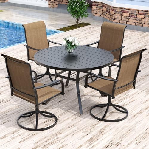Anmutig Outdoor Dining Set for 4, 48" Round Table & 4 Swivel Chairs, Brown | Weather-Resistant Textilene, Powder-Coated Steel Frame, Umbrella Hole, Easy Assembly, Balcony, Garden, Backyard, Poolside - color: Brown, size: Table-48"*48", style: Arm Style1