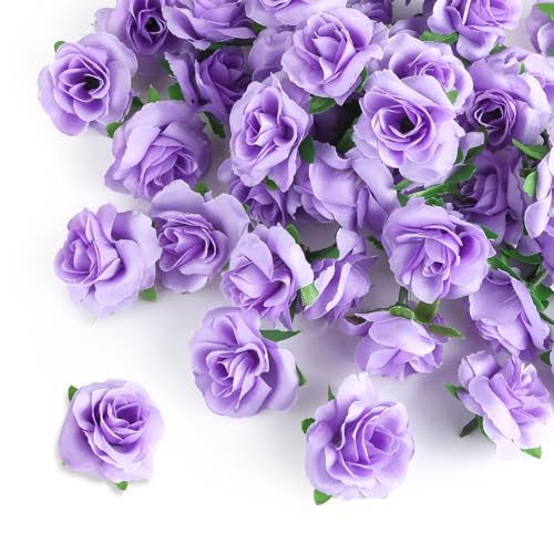 Yinsun 50pcs Mini Purple Roses, 1.57" Silk Artificial Flower Heads - color: Purple, size: 1.57 Inch