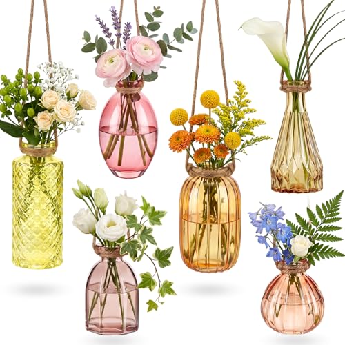 6 Pcs Stained Glass Hanging Vases Colorful Hanging Propagation Vases with Rope Hangings Glass Terrariums Planters Pot for Air Plants Flowers Garden Home Wedding Decor(Champagne Color Series) - color: Champagne Color Series