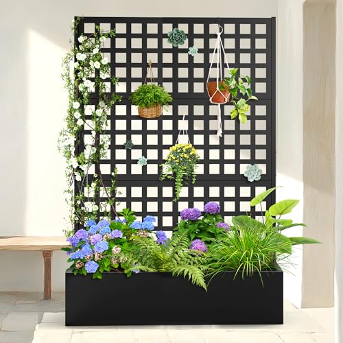 TUYOHW Metal Planter Box with Trellis, Raised Garden Bed with Privacy Screen, Outdoor Planter Box for Climbing Plants, Vine Support Flower Bed with Drainage Holes for Garden, Patio, Balcony - color: Black-grid-47"w, size: 71"x47"x16"