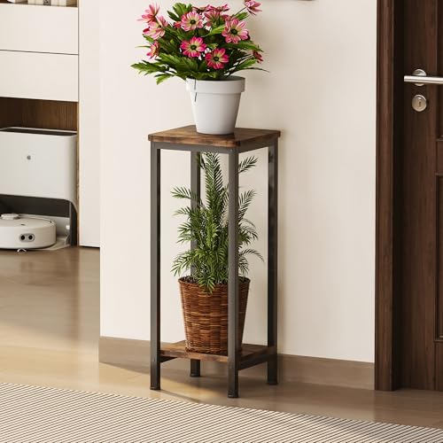 Homeiju Plant Stand Indoor, 2 Tier Wood Corner Plant Stand, Modern Square Plant Shelf Flower Stand for Living Room Patio Balcony Garden, Rustic Brown