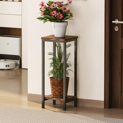 Homeiju Plant Stand Indoor, 2 Tier Wood Corner Plant Stand, Modern Square Plant Shelf Flower Stand for Living Room Patio Balcony Garden, Rustic Brown