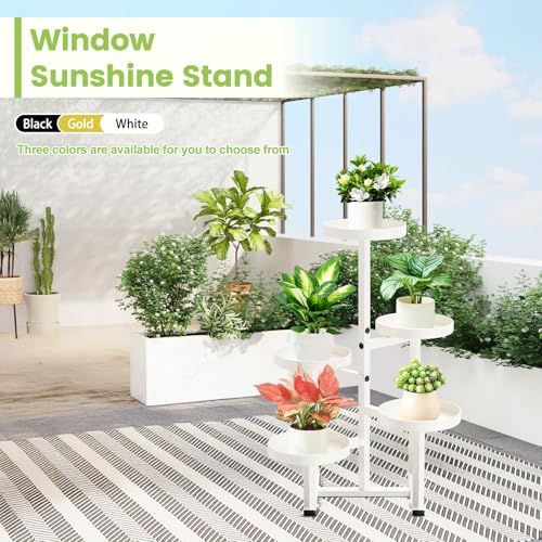 5 Tier Metal Heavy Duty Plant Stand Indoor Outdoor,27In Tall,White | 7.9In Pot,Save Space,Adjustable Foot Pad,Tiered Corner Plant Holders for Multiple Plants,Patio,Garden,Living Room, Balcony