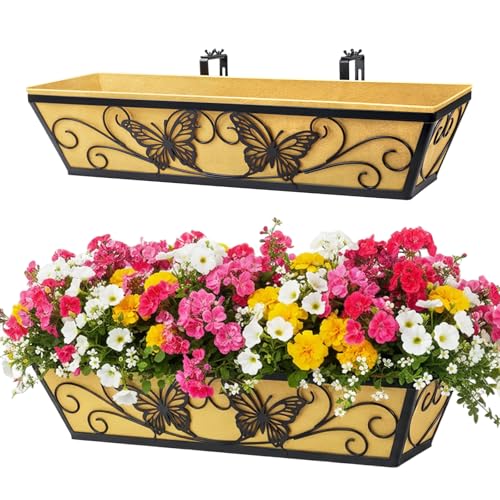 2 Pack 24 Inch Window Boxes Planter for Outdoor Plants Deck Railing Planters Box with Adjustable Brackets for Porch Fence Balcony Hanging Flower Baskets with Liner for Garden Décor - Black - color: Black, size: 24 Inch - 2 Pack
