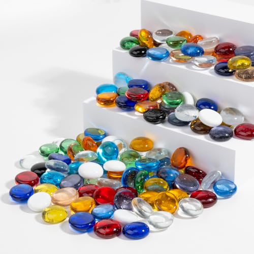 1LB Flat Glass Marbles Stones Flat Bottom Marble Beads 17-19mm Smooth Stone Pebbles for Home Decoration Fire Pit Landscaping Glass Gemstone for Fish Tanks Flower Pots DIY Crafts (Mix) - color: Mix
