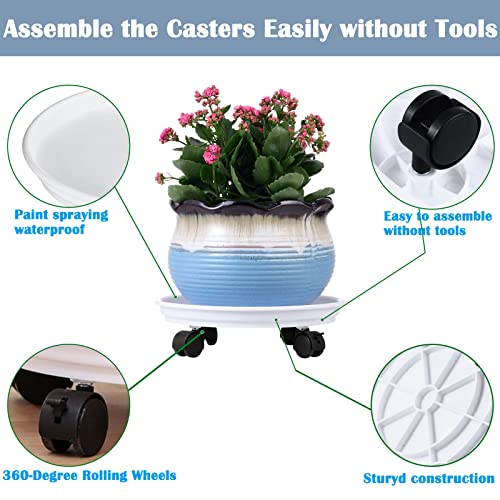 Planterhoma 4 Packs Heavy-Duty Plastic Plant Caddy with Wheels - 11.8" Rolling Plant Stand - Strong Load Bearing - 360 Rotated Wheels - Indoor/Outdoor Use - color: White