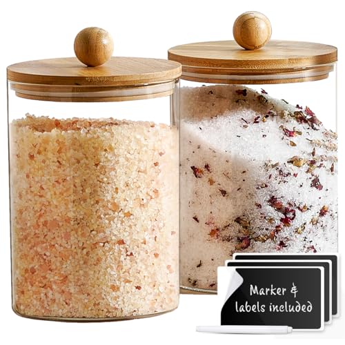 Le'raze Set of 2 Glass Canisters for Kitchen Counter with Airtight Bamboo Lids + Marker & Labels - 68oz. Large Cookie Jars Wooden Lid, Food Storage Containers Pantry, Flour, Sugar, Pasta, Candy.