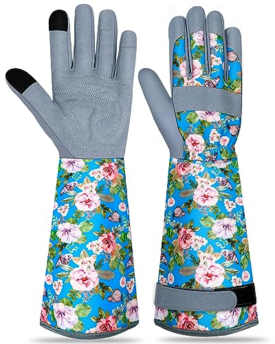 Long Gardening Gloves for Women Thorn Proof Leather Garden Gloves Breathable Working Gloves for Women Yard Outdoor - color: Lake Blue-large