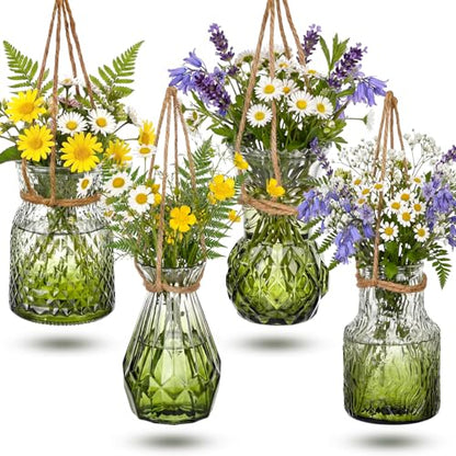 Wonderjune 4 Pcs Stained Glass Hanging Vases Hanging Glass Planters Small Plant Terrarium Pot Containers with Rope for Garden Home Indoor Outdoor Decor, 4 Styles (Trendy) - style: Trendy