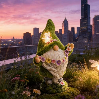 DiliComing Garden Gnomes Statue Solar Yard Decoration Green Moss Gnome | Solar Light, Dwarf Sculpture for Outdoor Patio Porch Lawn Decor, Spring Decorations