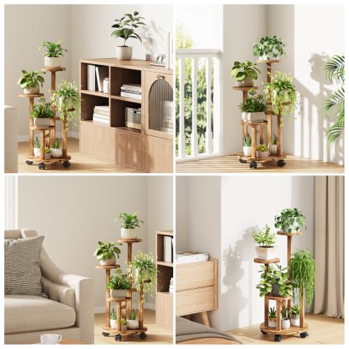 Uneedem 4 Tier Plant Stand Indoor with Wheels, Wood Tall Corner Plant Shelf | Rolling Plant Rack for Indoor Plants, Multi-tier Planter Pot Holder Flower Stand for Outdoor Living Room Balcony Garden Patio
