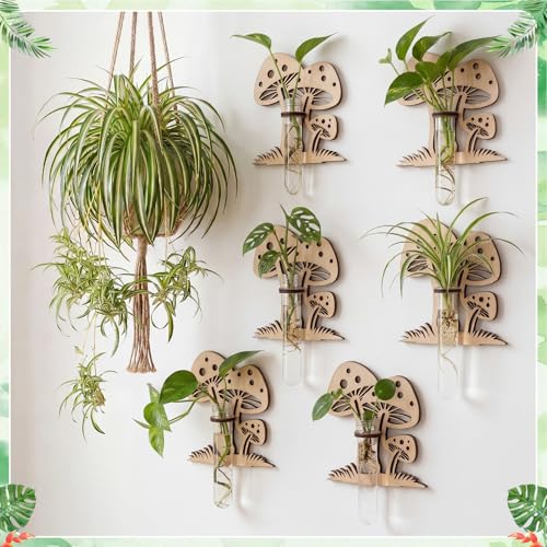 Set of 6 Mushroom Propagation Stations, Hanging Propagation Station and Wall Planters for Indoor Plants Wooden Hanging Planter, Boho Wall Decor Cute Indoor Small Plant Holder Gifts for Women