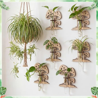 Set of 6 Mushroom Propagation Stations, Hanging Propagation Station and Wall Planters for Indoor Plants Wooden Hanging Planter, Boho Wall Decor Cute Indoor Small Plant Holder Gifts for Women