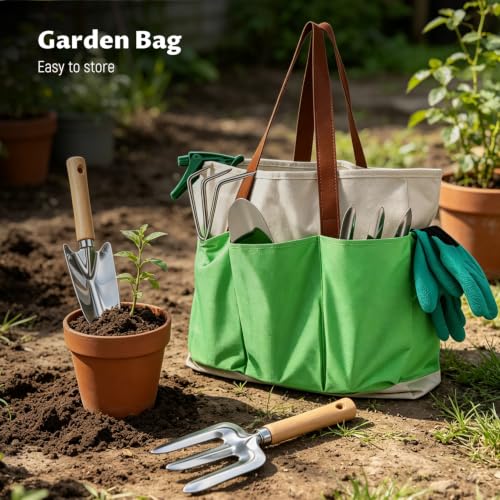 Gardening Tool Set, Heavy Duty Stainless Steel Hand Tools with Wooden Handles, Storage Tote Bag, Ergonomic Design, Ideal Gardening Gifts for Women, Men, Mom and Dad