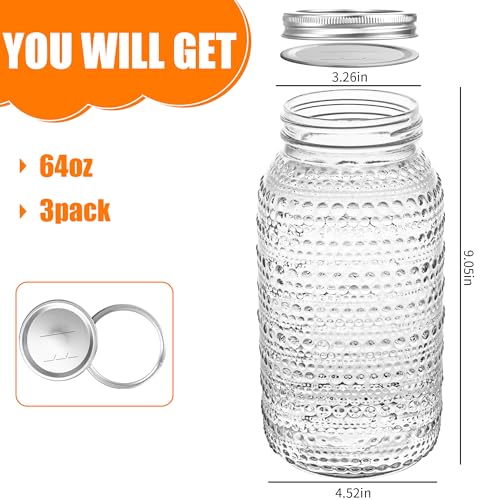 WACOI Mason Jars 64 Oz Wide Mouth with Lids 3 Pack, Large Half Gallon Glass Canning Jars for Fermenting, Pickling, Storing Food, Meal Prep, Salad Jam