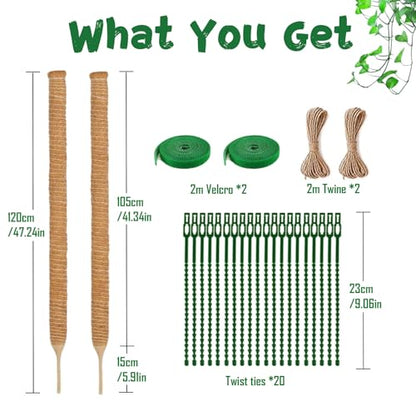 2 Pack 47.24-Inch Bendable Moss Poles for Monstera and Climbing Plants | Bendable coir poles shape as needed to support Monstera, Philodendron and climbing houseplants; ties and stakes included. - size: 2 Pack- 120cm