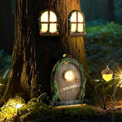Miniature Fairy Door and Windows Garden Kit Accessories,Glow in The Dark Fairy Door Windows Yard Art Sculpture Decoration Garden Decor(Wood)