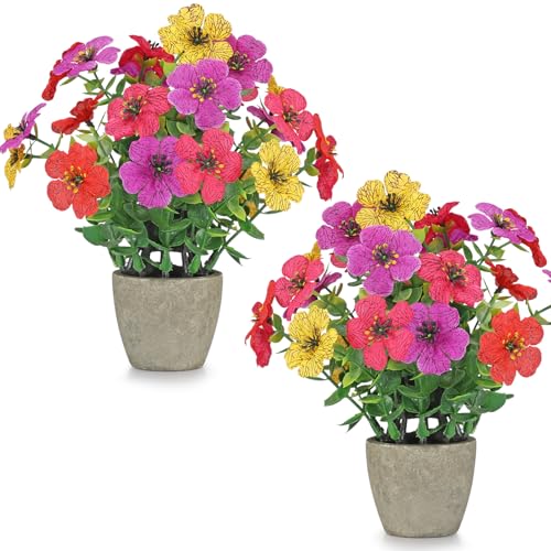 2 Pack Small Fake Plants Potted Artificial Plants Artificial Flowers Potted - color: Small-colored
