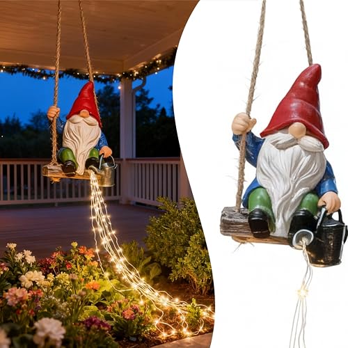 Swing Gnome Garden Decor, Solar Hanging Figure Lights, Gifts for Women Mom | 60 LEDs, Watering can lights, Hanging fairy stuff, Outside art, Funny things, Yard patio tree wall ornament, Birthday gift
