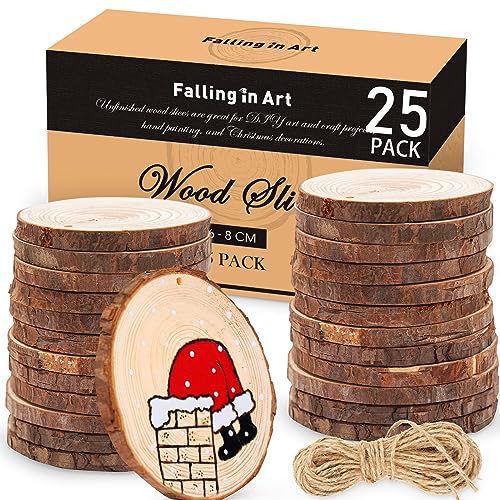 Falling in Art 2.3-3.1 Inches Natural Wood Slices Set for Crafts - 25Pcs Round Wood Discs with Pre-drilled Hole for DIY Projects, Christmas Ornaments and Wedding Decoration - size: 6-8 cm