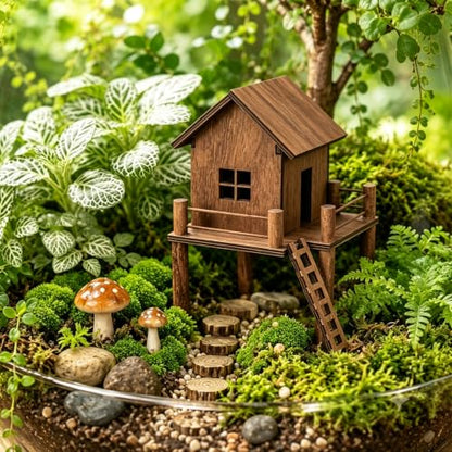 Timberwood Mini Treehouse for Indoor Plant Pots, Fairy Gardens | Whimsical woodland décor for planters, moss gardens, terrariums & desktop décor, charming gift for plant lovers & gardeners - style: Timberwood