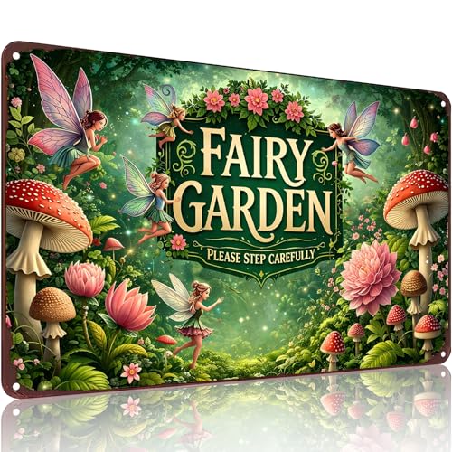Crazysign Gardening Gifts Fairy Garden Vintage Tin Sign Magic Whimsical Wall Art for Garden Porch Patio Greenhouse Yard Decor 8x12 inch(26047) - color: Fairy Garden