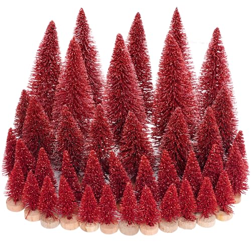 Yookat 40Pcs Artificial Mini Pine Trees Sisal Trees Bottle Brush Trees - color: Dark Red