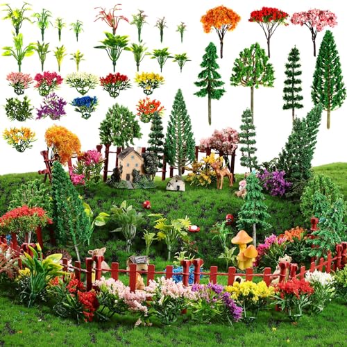 55 Pcs Miniature Colorful Flower Cluster Mini Model Trees Artificial Grass Mat Squares Set 20 Mini Grass 16 Flower Tufts 15 Mixed Trees 4 Garden Craft Grass for Landscape Scenery Sand Table