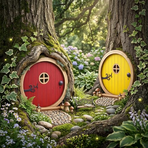2 Pcs Fairy Doors for Trees Outdoor, Yellow & Red Boxwood Fairy Garden Door for Tree Trunk, Mini Gardens Sculpture Lawn Ornament, Gardens Miniatures (3.94 x 3.82 x 0.20 in)