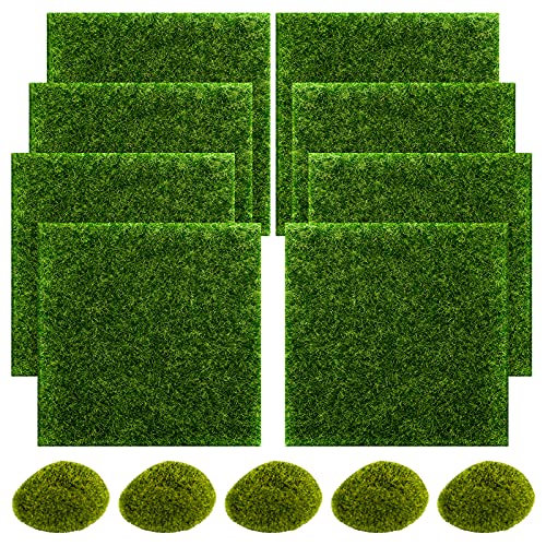 SNAIL GARDEN 13PCS Fairy Artificial Grass, 8Pack Life-Like Garden Lawn with 5Pcs Artificial Moss Rocks-Miniature Ornament Garden Fairy Accessories for DIY Decoration(6 x 6 Inch)