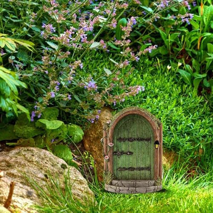 Green Wooden Fairy Door - Miniature Fairy Garden Accessory - Garden Sculpture Lawn Ornament - Art Outdoor Decor Gnome Door Figurine
