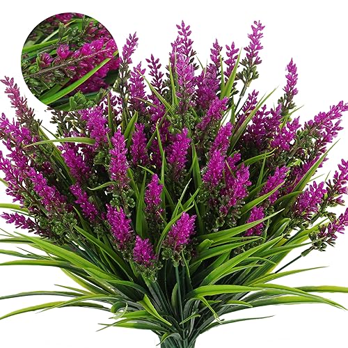 RECUTMS 12Pcs Artificial Plant Outdoor Fake Monkey Grass with Flowers 14.6" - color: Fuchsia