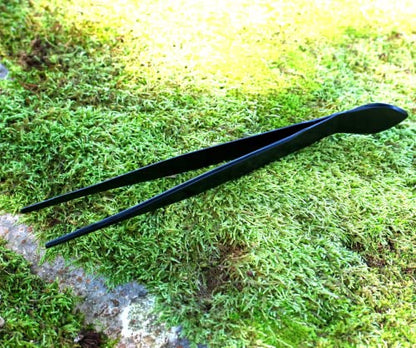 KAKURI Bonsai Tweezers Straight Serrated Tips with Spatula 8.8" - Made in Japan - Professional Bonsai Care Tool - Black Coated Japanese Stainless Steel - color: Black (Straight)