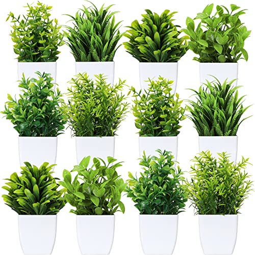 Unittype 12 Pcs Small Fake Plants Artificial Faux Plants, White Pot, Green - color: Green