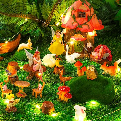 Soaoo Fairy House Garden Figurines Kit Summer Garden Decor Elves Decoration Outdoor Ornaments Animals Butterfly Fairy Mushroom Party Supplies DIY Micro Landscape Dollhouse