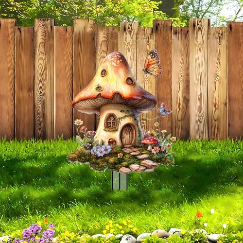 Mushrooms Garden Stakes Decor Yard Acrylic - 2D Spring Garden Acrylic Sign Decoration, Yard Art, Gift for Nature Lovers, for Indoor & Outdoor Flower Pots, Yard, Mini Gardens & Lawn (5.9”x5.9”) Y07