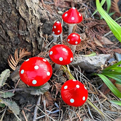 Juegoal Set of 6 Fairy Garden Miniature Mushrooms Statues, Glow in Dark Mini Red Mushroom Resin Figurines, Outdoor Garden Yard Art Accessories, Fly Agarics Sculpture Lawn Ornament Decorations