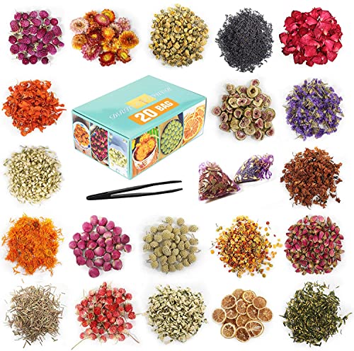 20 Bags Dried Flowers,100% Natural Dried Flowers Herbs Kit for Soap Making, DIY Candle Making,Bath - Include Rose Petals,Lavender,Don't Forget Me,Lilium,Jasmine,Rosebudsand More - color: 20 Bags*10g