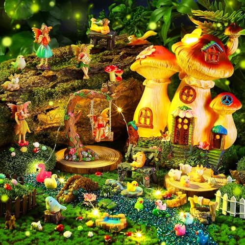 HyDren 100 Pcs Fairy House Garden Kit Accessories Miniatures Fairy Figures Gnomes Mushroom House Solar Light Resin Dwarfs Statue Micro Landscape Ornaments for DIY Yard Outdoor Decoration