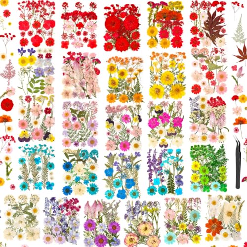 470 PCS Pressed Flowers for Crafts, Real Natural Dry Flowers with Tweezers Dried Pressed Flowers Dry Leaves Bulk for Resin, Scrapbook, Jewelry, Card, Candle & Soap Making