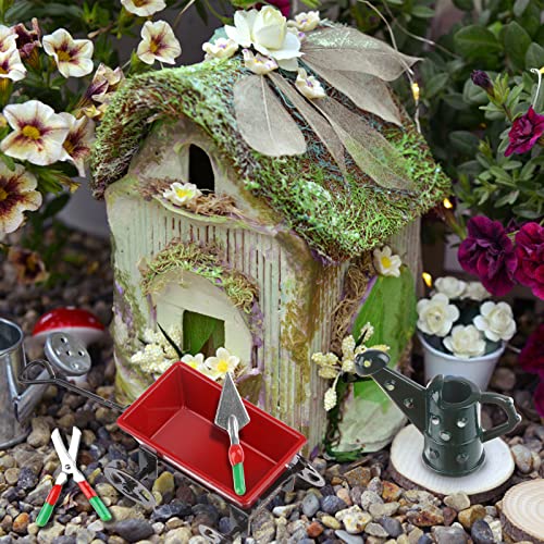 Miniature Fairy Garden Accessories Set 9 Pcs 1:12 Mini Metal Spade Pestle Kettle Wagon Rake Garden Watering Supplies Micro Landscape Ornaments Dollhouse Accessories