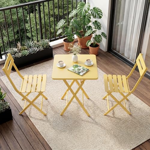 3-Piece Folding Bistro Set, Heavy Duty Outdoor Patio Furniture with 2 Chairs & 1 Table, Weather-Resistant Steel Frame, No Assembly Required for Garden, Yard, Balcony,Yellow - color: Yellow, size: 3PCS -Square Table