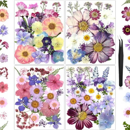 85Pcs Pressed Flowers for Crafts, Pink Purple Dried Flowers for Crafts Real Natural Dried Pressed Flowers Dry Leaves Bulk for Resin, DIY Art, Scrapbook, Jewelry, Card, Candle & Soap Making w/ Tweezer - color: Pink & Purple 85pcs
