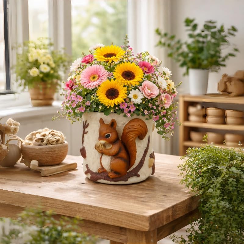 Cute Squirrel Succulent Planter with Drainage Hole, Unique Garden Plant Pots for Indoor/Outdoor Plants, Plant Gifts for Mother's Day, Birthday, Christmas