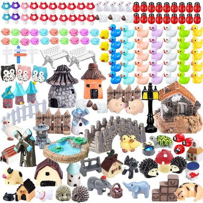 162 Pcs Miniature Fairy Garden Accessories, Fairy Garden Kit, Including Animals, Mini Houses, Miniature Figurines, Micro Landscape Ornaments for Dollhouse Bonsai Terrarium Decor, Garden DIY Kit