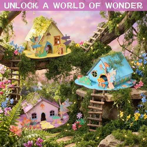 DoubleFill 3 Sets Wooden Fairy House DIY Kit Craft - DIY Fairy Garden with Paints & Decorations - Arts Crafts & Birthday Gift for Craft Activity Party Decor (Lovely Short) - style: Lovely Short