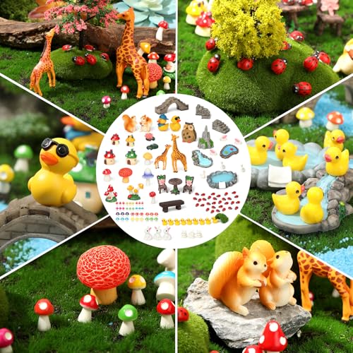 84 Pcs Fairy Garden Accessories Mini Garden Accessories Mini Resin Animals Mushroom Squirrel Duck Rabbit Bridge Pond Owl Micro Landscape Ornaments Kit for DIY Garden Dollhouse Terrarium Succulent