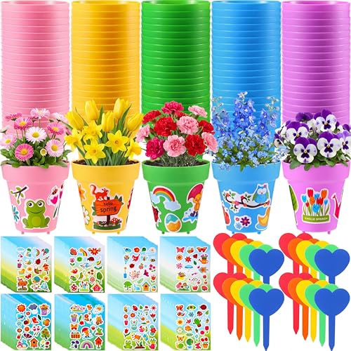 100 Sets Garden Pot Craft Kit, Flower Plant Spring Craft Including Plastic Nursery Plant Pots Labels Tags Stickers for DIY Flower Planting Growing Birthday Arts Kit (Macarons) - style: Macarons